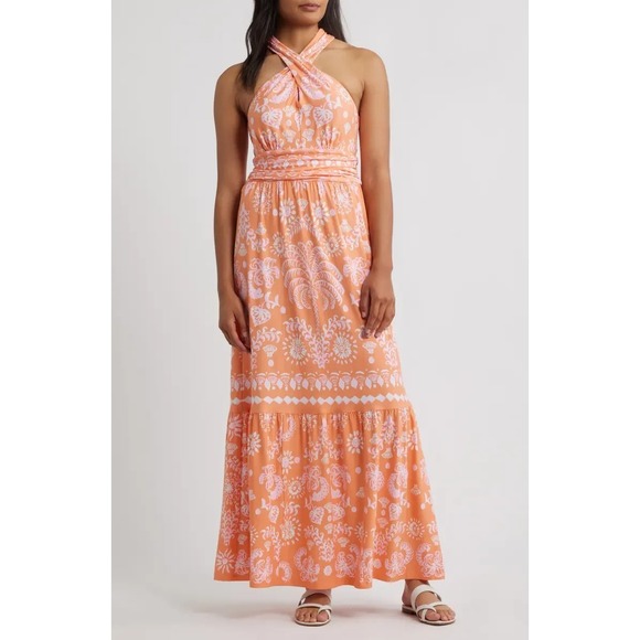 Lilly Pulitzer Dresses & Skirts - Lilly Pulitzer Montecito Mixed Print Cross Neck Maxi Halter Dress EUC Size XS